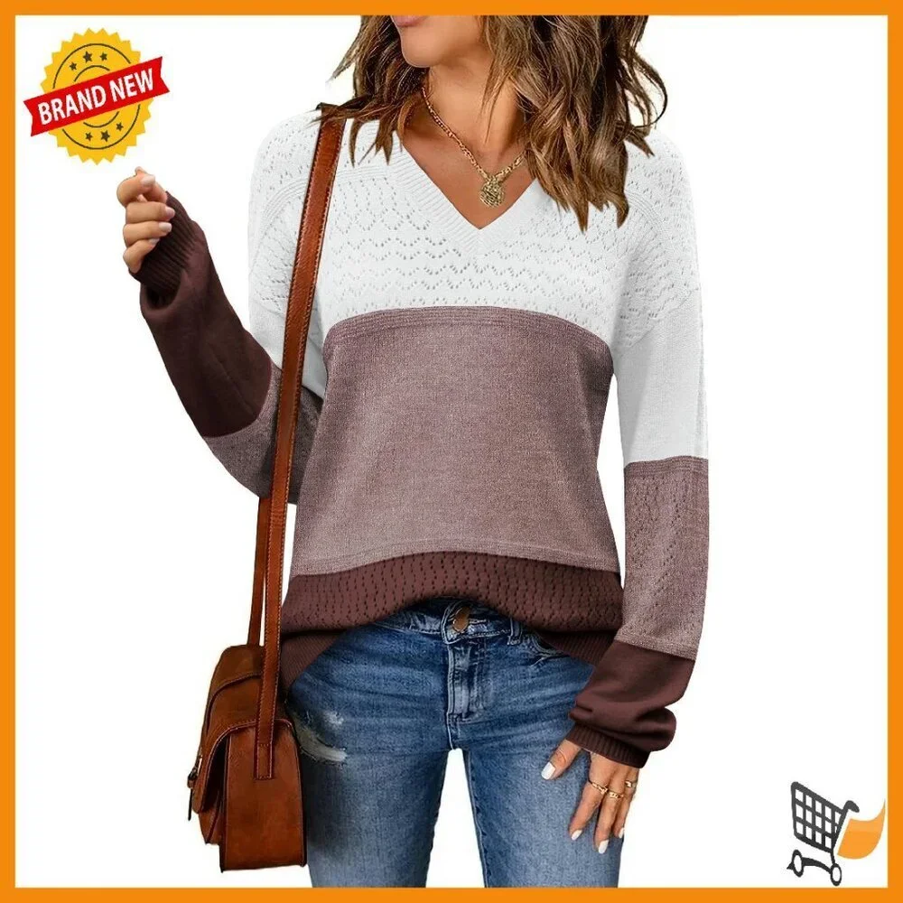 Lightweight Crochet Pullover Sweater V-Neck Ribbed Knit Women's Size S